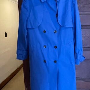 Ann Taylor Blue Trench Coat with Long Sleeves and Notched Lapel